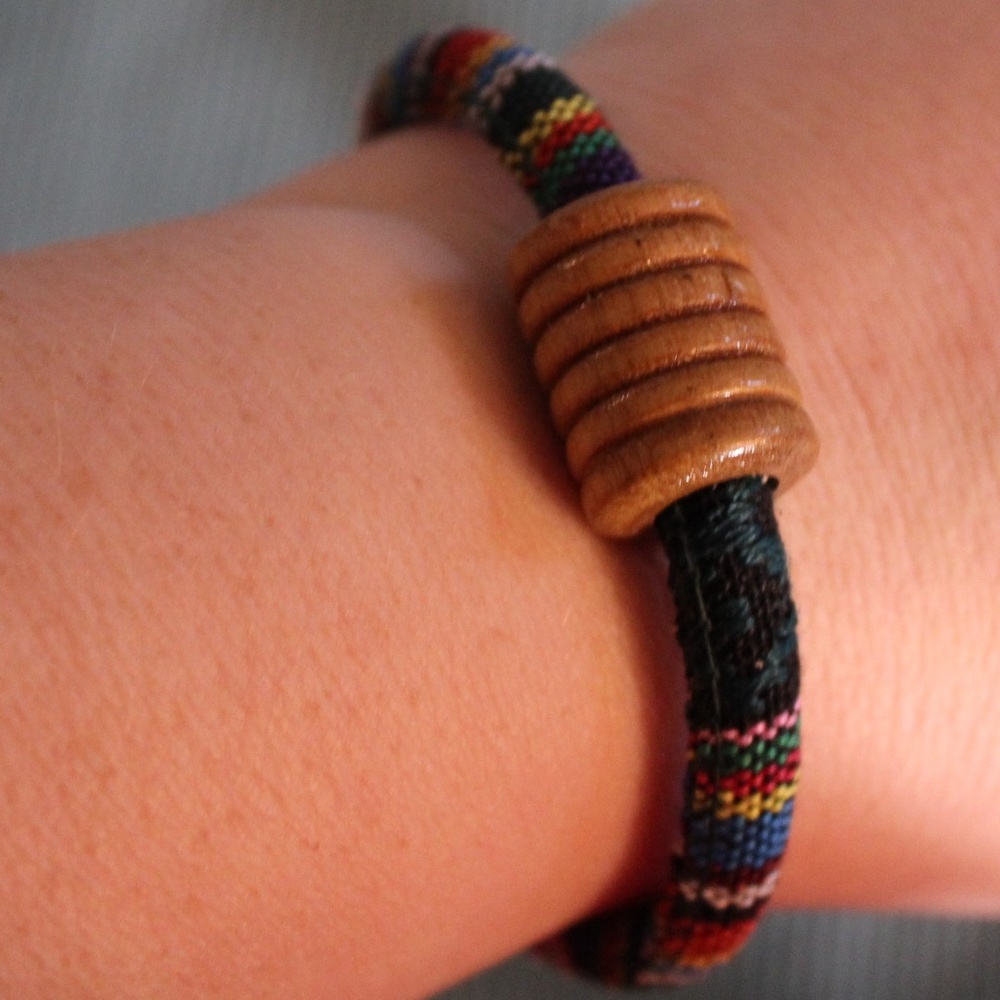 Fabric Wrapped, Handmade Bracelet with Wooden Bead